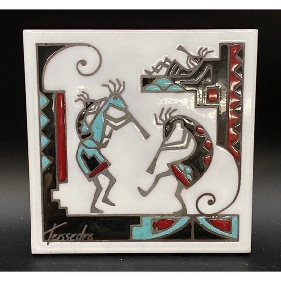 Kokopelli Trivet Tile Cleo Teissedre 1992 Ceramic Art Cork Base 6” X 6” - Picture 4 of 5